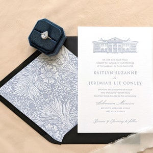 Venue Illustration Letterpress Wedding Invitation Custom Classic Typography Invite Set Printed Cotton Card Open Air Paper image 3