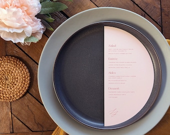 Half Circle Minimalist Solid Color Wedding Menu   Printed Half Moon Menu Cards   Simple Contemporary Modern Arch Shape   Cursive Monogram