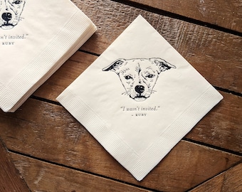 Dog Cocktail Napkins   Custom Wedding Reception Pet Drawing Beverage Napkins   Gold Foil Custom Dogs Illustration   Open Air Paper