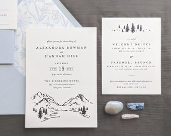 Mountain Letterpress Wedding Invitation   Black and White Minimalist Invite Set   Custom Printed Cotton Card   Mountain Scenery Illustration