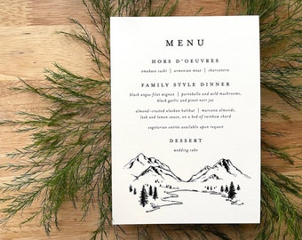 Mountain Landscape Wedding Menu   5x7 Custom Printed Menu Card   Simple Fonts Outdoor Mountain Illustration