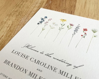 Wildflower Row Wedding Program • Printed Ceremony Order of Service Card • Simple Elegant Watercolor • Open Air Paper