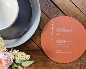 Circle Solid Color Wedding Menu   Round Minimalist Reception Table Setting