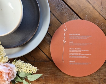 Circle Solid Color Wedding Menu   Round Minimalist Reception Table Setting