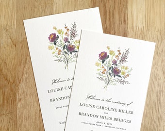 Wedding Ceremony Program Peony Bouquet   Watercolor Floral Printed Order of Service Card   Elegant Flowers Boho Wedding