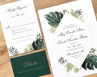 Invitación de boda a la vegetación tropical • Destino de playa • Acuarela Monstera Palm • Geométrica moderna • Imprimir Suite de invitación • Papel al aire libre
