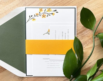 Wildflower Wedding Invitation Yellow Buttercup • Watercolor Floral • Nature Boho Modern Flowers • Printed Invitation Suite • Open Air Paper