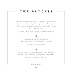 May include: A white background with black text outlining the process for ordering custom stationery. The text reads "THE PROCESS" and includes three steps: 1. After you purchase this listing, I'll send you a questionnaire to collect your wording and design choices. At this point you'll be able to request any accessories, like vellum wraps, ribbon, and wax seals. A guest addressing form will be included if applicable. 2. You'll receive your first digital proof 3-4 business days after submitting your wording. Unlimited proofs are included. 3. Once approved, you'll pay for any add-ons, and then we'll go to print! Production takes about three weeks. Rush options may be available. openairpaper.etsy.com"