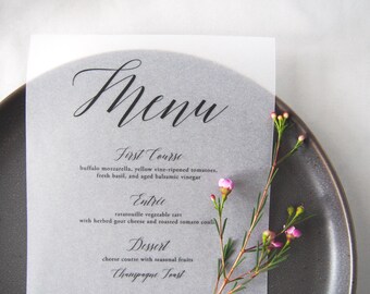 Simply Script Vellum Wedding Menu • Printed or Printable Menus • Simple Calligraphy Style • Open Air Paper M009