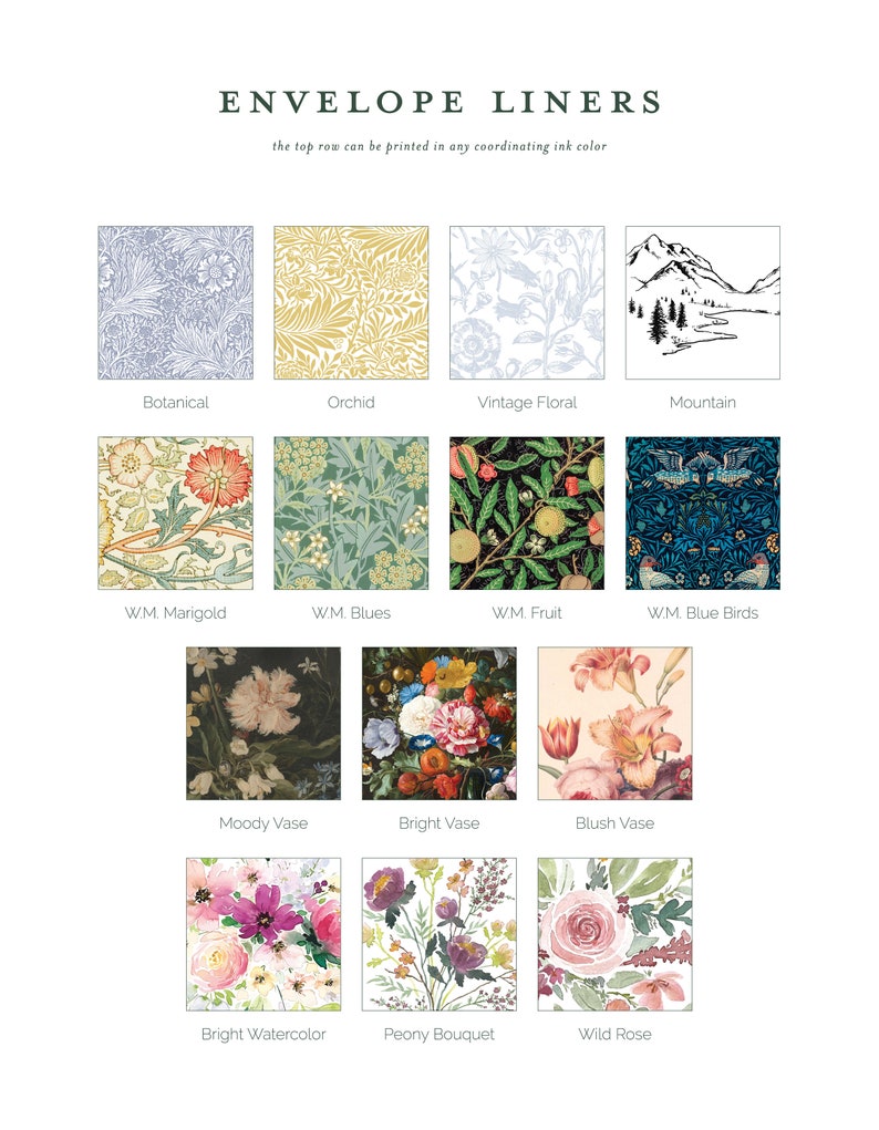 May include: A collection of 12 different envelope liner designs. The designs include floral patterns, a mountain landscape, and a variety of vases with flowers. The text "ENVELOPE LINERS" is at the top of the image. The text "the top row can be printed in any coordinating ink color" is below the title.