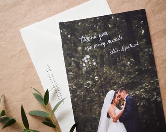 Playful Photo Wedding Thank You Card — Handwritten Message with Modern Layout | Custom Printed