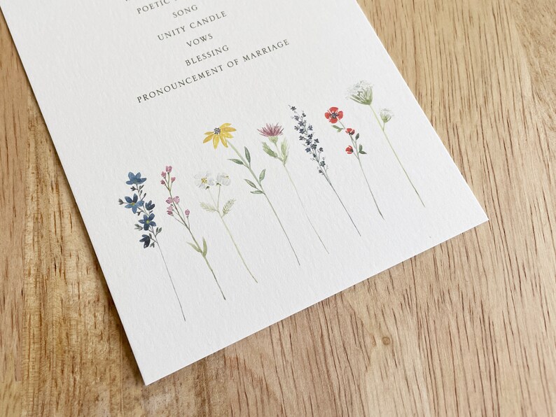 Wildflower Row Wedding Program Printed Ceremony Order of Service Card Simple Elegant Watercolor Open Air Paper image 4