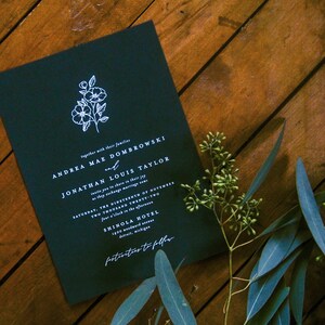 Primrose Floral Illustration Wedding Invitation • Modern Boho White Ink Wildflowers Dark Green Card • Custom Printed Invitation Suite