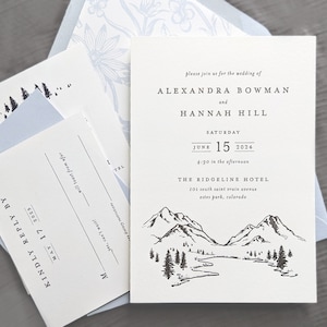 Mountain Letterpress Wedding Invitation Black and White Minimalist Invite Set Custom Printed Cotton Card Mountain Scenery Illustration image 4