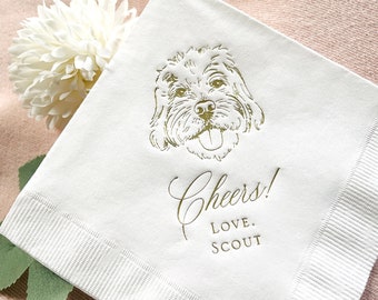 Gold Foil Pet Cocktail Napkins Wedding Reception   Custom Dog Cat Rabbit Illustration Beverage Napkins   Gold Foil Personalized Dog Drawing