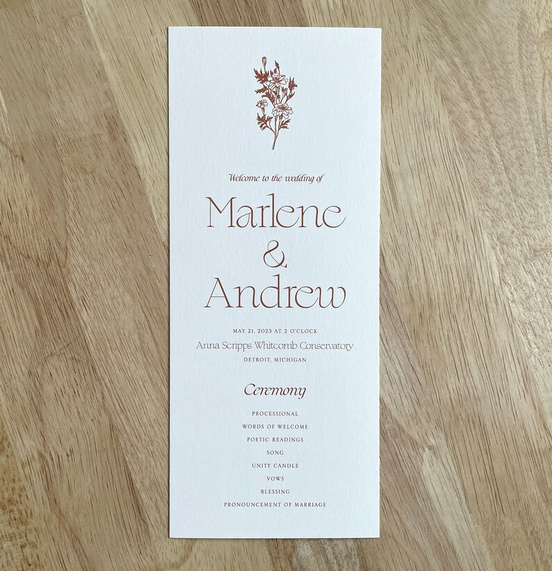 Marigold Elegant Wedding Ceremony Program Printed Order of Service Card Simple Elegant Floral Open Air Paper image 3