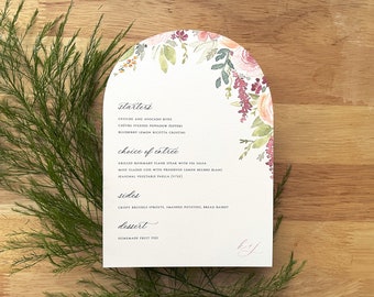 Arch Shape Watercolor Roses Wedding Menu   Curved Printed Menu Cards   Floral Border Reception Place Setting
