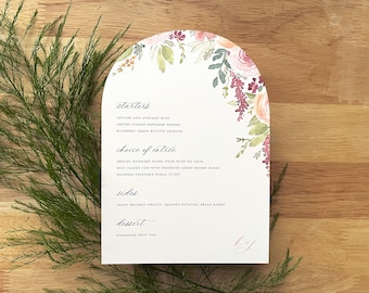 Arch Shape Watercolor Roses Wedding Menu   Curved Printed Menu Cards   Floral Border Reception Place Setting