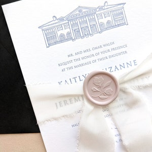 May include: A white wedding invitation with blue ink. The invitation features a line drawing of a large house with columns and a wax seal with a floral design. The text on the invitation reads "MR. AND MRS. OMAR WALSH REQUEST THE HONOR OF YOUR PRESENCE AT THE MARRIAGE OF THEIR DAUGHTER KAITLY AND JEREMI ZANNE".