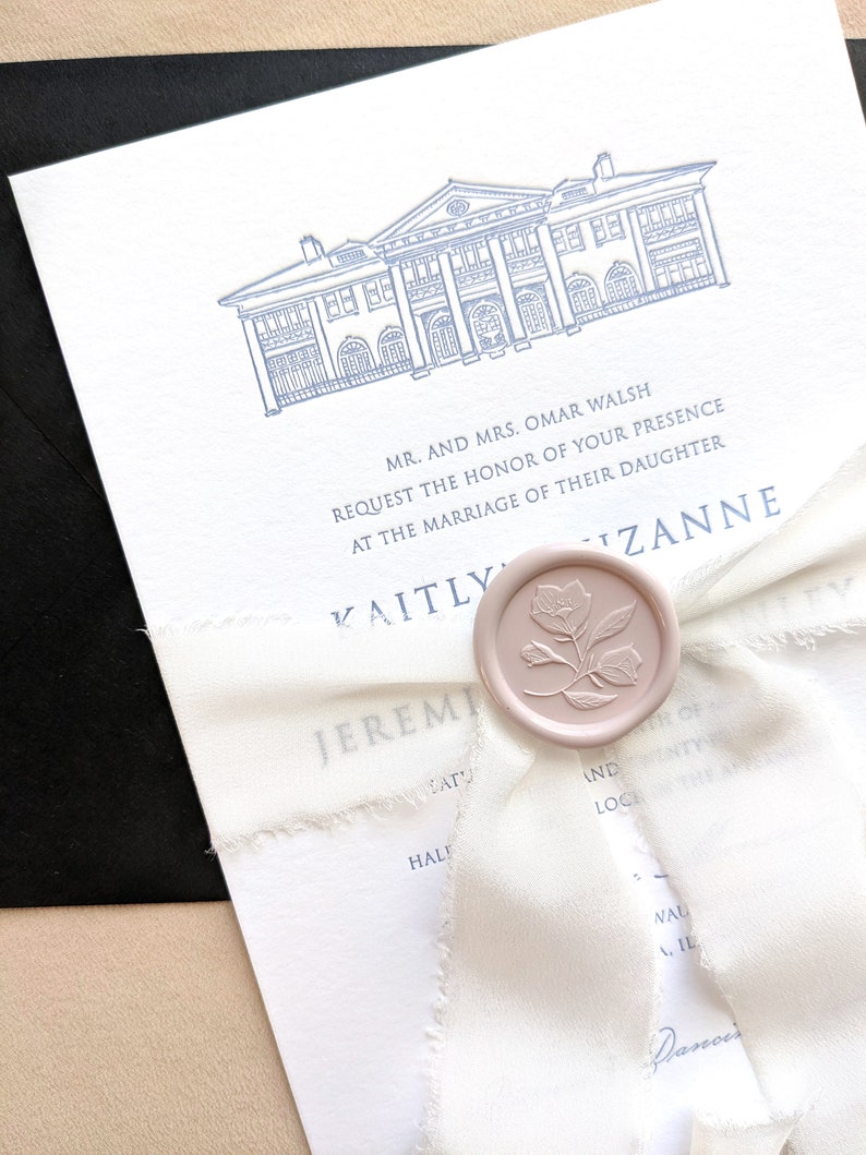 May include: A white wedding invitation with blue ink. The invitation features a line drawing of a large house with columns and a wax seal with a floral design. The text on the invitation reads "MR. AND MRS. OMAR WALSH REQUEST THE HONOR OF YOUR PRESENCE AT THE MARRIAGE OF THEIR DAUGHTER KAITLY AND JEREMI ZANNE".
