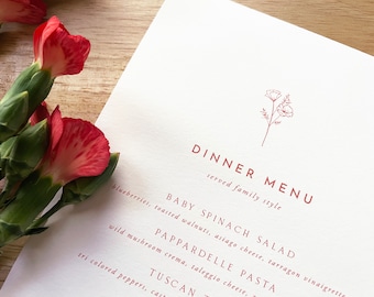 California Poppy Wedding Menu   5x7 Custom Printed Menu Card   Simple Fonts Outdoor Nature Flower Illustration