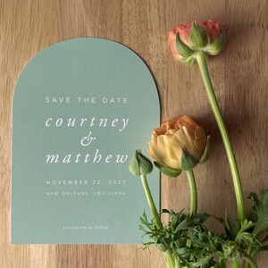 Arch Save the Date Solid Color Printed Cards Modern Typography Simple Minimal Die Cut Rounded Save the Date Open Air Paper image 2