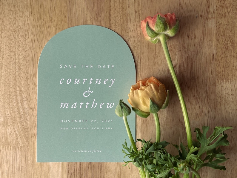 Arch Save the Date Solid Color Printed Cards Modern Typography Simple Minimal Die Cut Rounded Save the Date Open Air Paper image 2