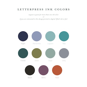 May include: A chart of letterpress ink colors with names for each color: Night, Periwinkle, Lagoon, Teal, Forest, Olive, Sage, Grey, Black, Berry, Rust.