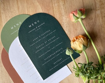 Arch Shape Minimalist Solid Color Wedding Menu • Printed Menus • Simple Contemporary Modern Text • Open Air Paper