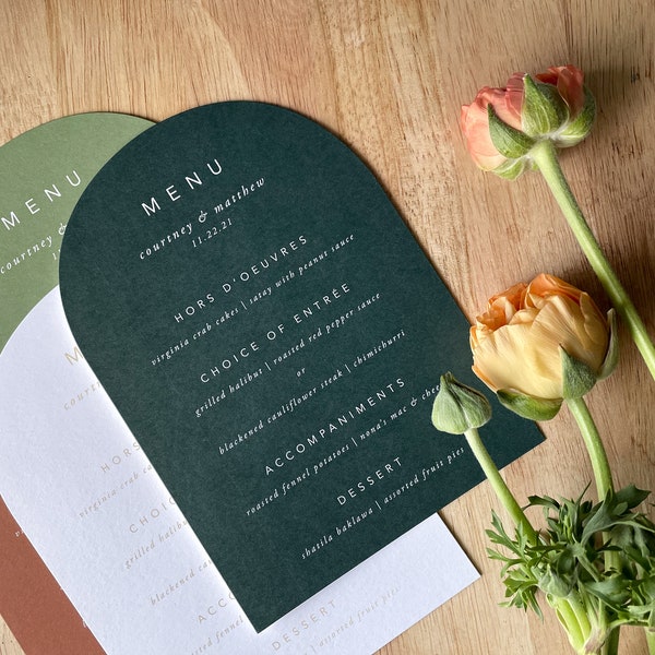 Arch Shape Minimalist Solid Color Wedding Menu • Printed Menus • Simple Contemporary Modern Text • Open Air Paper