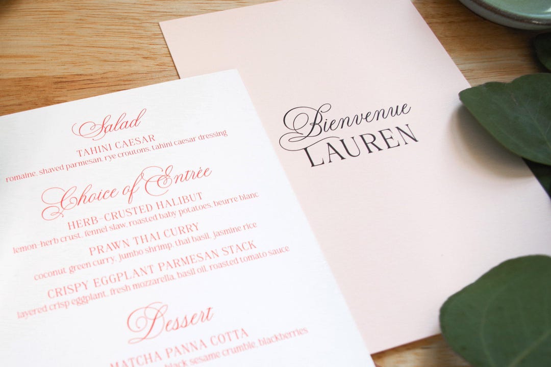 Welcome Wedding Menu Place Cards — Two-sided Dark Sage Personalized ...