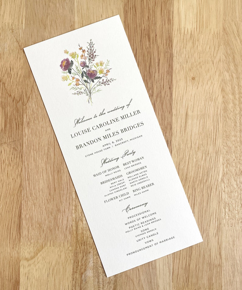 Wedding Ceremony Program Peony Bouquet Watercolor Floral Printed Order of Service Card Elegant Flowers Boho Wedding image 3