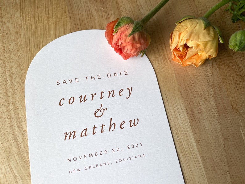 Arch Save the Date Solid Color Printed Cards Modern Typography Simple Minimal Die Cut Rounded Save the Date Open Air Paper image 5