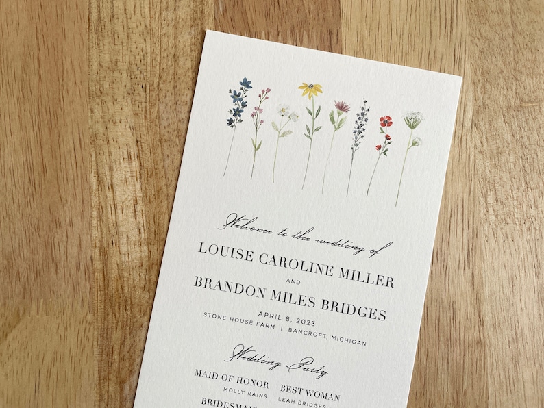 Wildflower Row Wedding Program Printed Ceremony Order of Service Card Simple Elegant Watercolor Open Air Paper image 3