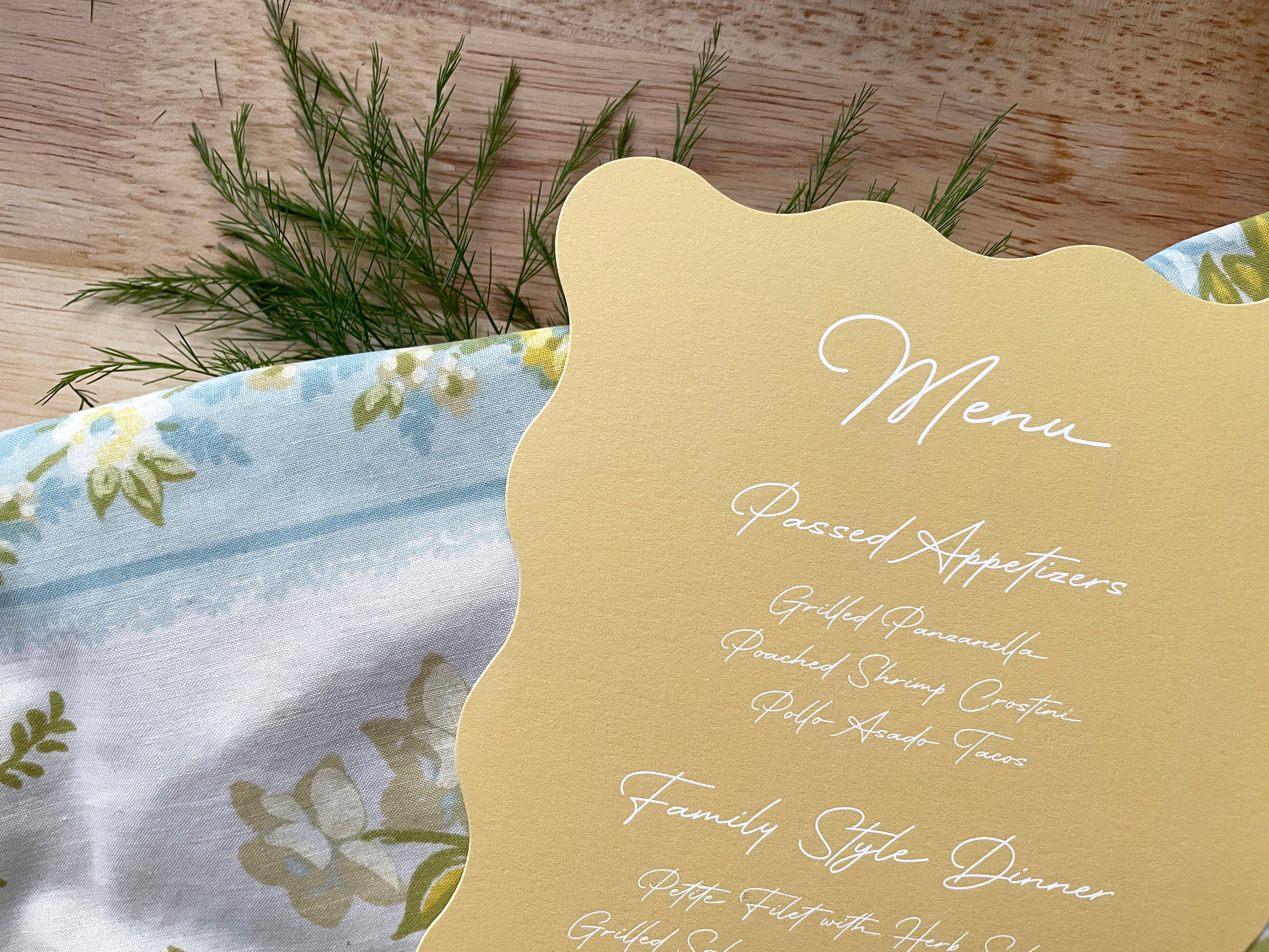 Wavy Edge Solid Color Light Yellow Wedding Menu Printed Menu Cards ...