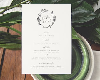 Woodland Wreath Wedding Menu • Printed or Printable Menus • Forest Ferns Pine Nature Rustic Bohemian • Open Air Paper M002