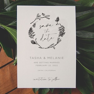 Corona del bosque Guardar la fecha • Impreso o imprimible Guardar las tarjetas de fecha • Greenery Nature Rustic Boho Wedding • Papel al aire libre SD002