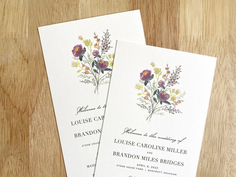 Wedding Ceremony Program Peony Bouquet Watercolor Floral Printed Order of Service Card Elegant Flowers Boho Wedding image 1