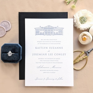 Venue Illustration Letterpress Wedding Invitation Custom Classic Typography Invite Set Printed Cotton Card Open Air Paper image 1