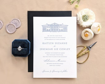 Venue Illustration Letterpress Wedding Invitation   Custom Classic Typography Invite Set   Printed Cotton Card   Open Air Paper