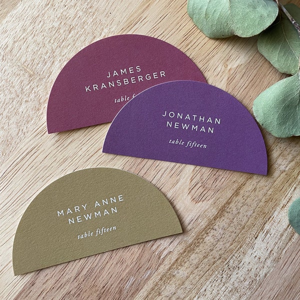 Half Circle Solid Color Wedding Place Cards • Printed Arch Shape Escort Cards • Contemporary Simple Typography • Open Air Paper