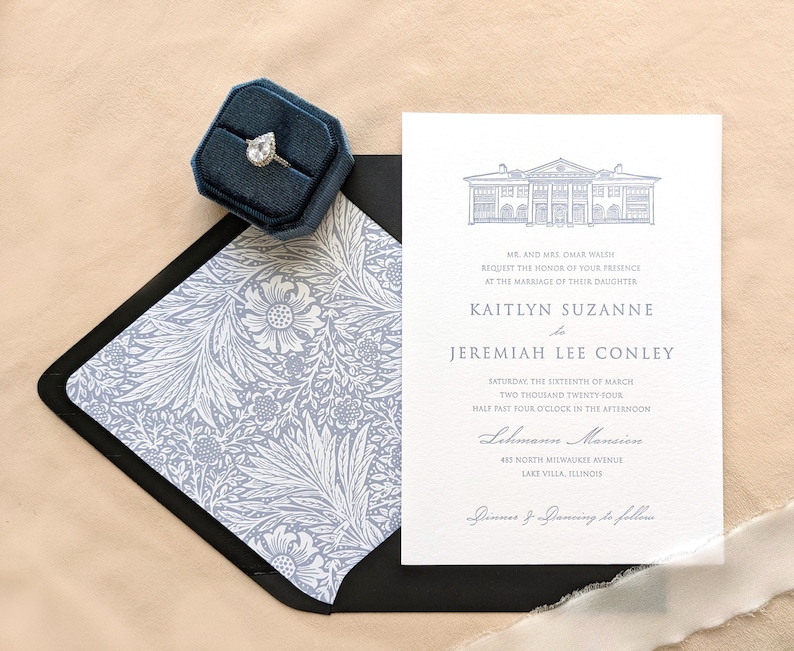 Venue Illustration Letterpress Wedding Invitation Custom Classic Typography Invite Set Printed Cotton Card Open Air Paper image 3