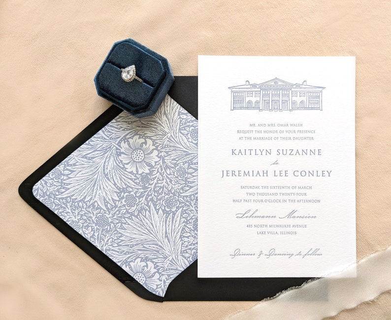 May include: A white wedding invitation with blue text. The invitation features a drawing of a house with the text "MR. AND MRS. OMAR WALSH REQUEST THE HONOR OF YOUR PRESENCE AT THE MARRIAGE OF THEIR DAUGHTER. KAITLYN SUZANNE to JEREMIAH LEE CONLEY SATURDAY THE SIXTEENTH OF MARCH TWO THOUSAND TWENTY-FOUR HALF PAST FOUR O'CLOCK IN THE AFTERNOON Lohmann Mansion 485 NORTH MILWAUKEE AVENUE LAKE VILLA, ILLINOIS Dinner & Dancing to follow"