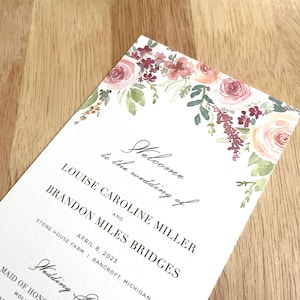 Wild Rose Wedding Ceremony Program • Watercolor Floral Printed Order of Service Card • Elegant Flowers • Open Air Paper