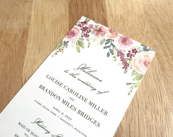 Wild Rose Wedding Ceremony Program • Watercolor Floral Printed Order of Service Card • Elegant Flowers • Open Air Paper