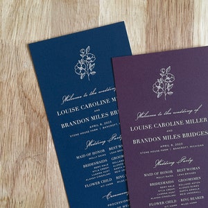 Programa de boda Primrose • Tarjeta de orden de servicio de ceremonia impresa en color sólido • Dibujo de amapola simple y elegante • Papel al aire libre
