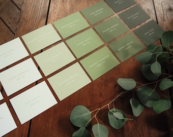Ombre Solid Color Escort Cards • Shades of Green • Printed Wedding Place Cards • Contemporary Simple Typography • Open Air Paper PC013