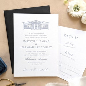 May include: A wedding invitation with a blue illustration of a building, the text "Kaitlyn Suzanne to Jeremiah Lee Conley" and the date "Saturday, the sixteenth of March, Two Thousand Twenty Four, half past four o'clock in the afternoon". The invitation also includes the location "Lehmann Mansion, 485 North Milwaukee Avenue, Lake Villa, Illinois" and the text "Dinner & Dancing to follow".