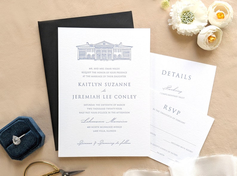 May include: A wedding invitation with a blue illustration of a building, the text "Kaitlyn Suzanne to Jeremiah Lee Conley" and the date "Saturday, the sixteenth of March, Two Thousand Twenty Four, half past four o'clock in the afternoon". The invitation also includes the location "Lehmann Mansion, 485 North Milwaukee Avenue, Lake Villa, Illinois" and the text "Dinner & Dancing to follow".