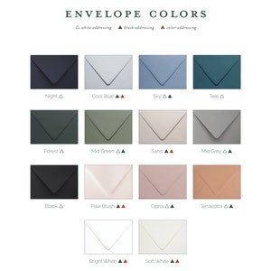 May include: A chart showing 12 different envelope colors with the names of each color listed below. The colors include: Night, Cool Blue, Sky, Teal, Forest, Mid Green, Sand, Mid Grey, Black, Pale Blush, Cipria, Terracotta, Bright White, and Soft White.